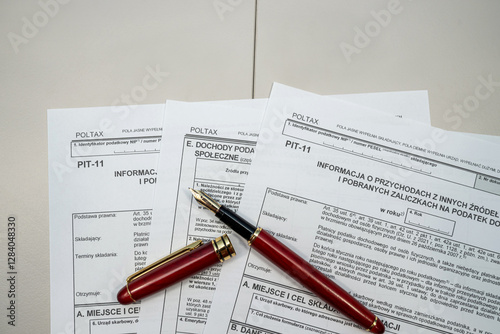 PIT-11 polish tax form on accountant table with pen close up. Tax time