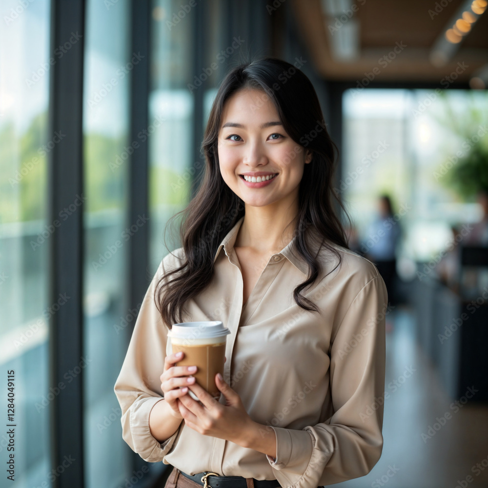 Young woman in a stylish blazer, confidently holding a coffee in an office setting. Young woman in a stylish blazer, confidently holding a coffee in an office setting.