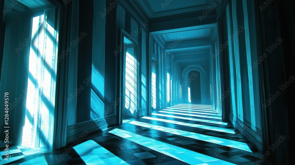 Fototapeta premium Blue Light Illuminating a Mysterious Corridor in a Futuristic Setting