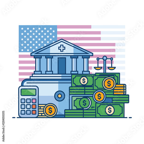 vector colorful economy trading graph cash money linked with curved dash line over the world bank 
