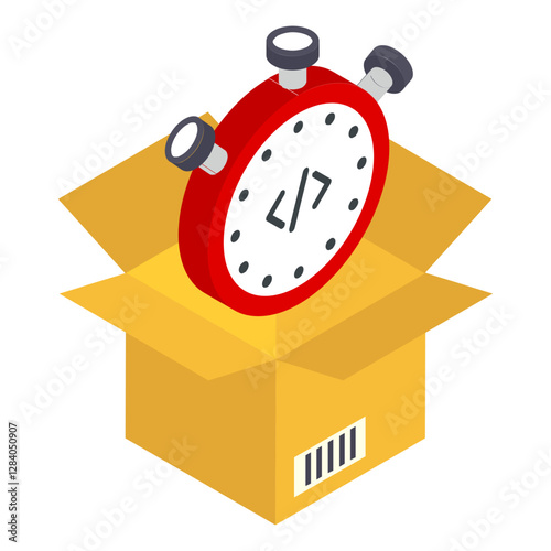 Express Product Delivery Time isometric Concept, Open Cardboard with Stop watch Vector Icon Design, Software and web development symbol, Computer Programming and Coding stock illustration