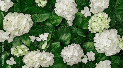 Lush White Hydrangeas Amidst Vibrant Green Foliage AI Generated
