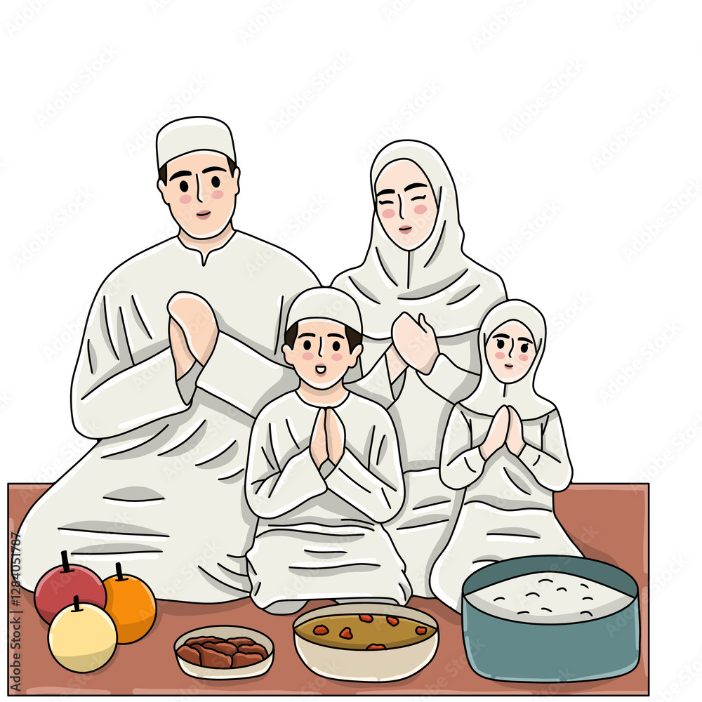 Iftar and suhoor Ramadan praying muslim family Iftar and suhoor Ramadan praying muslim family