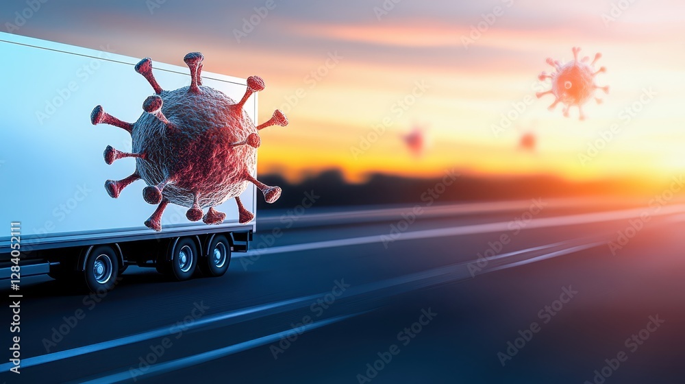 Obraz premium A delivery truck drives on an open road with a large virus graphic attached to its side, symbolizing the challenges faced by the logistics industry during the pandemic at sunset