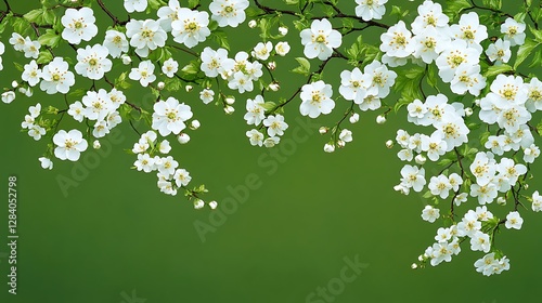 Delicate White Blossoms on a Spring Branch Against a Green Background AI Generated