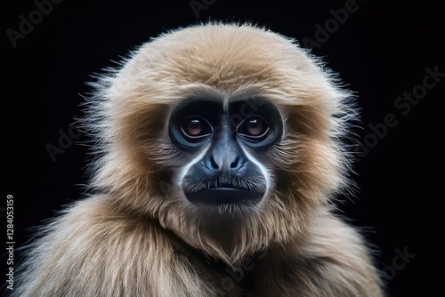Portrait of a light brown gibbon looking straight into the viewer