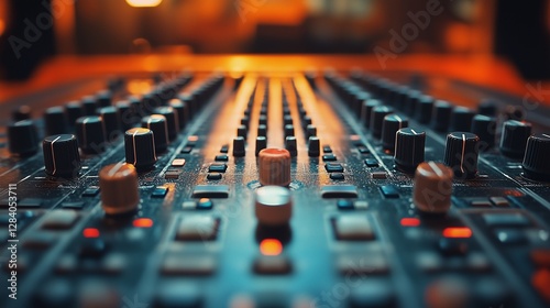 A close-up view of a mixing board with numerous knobs, sliders, and buttons, bathed in warm and cool lighting, suggesting a music production environment