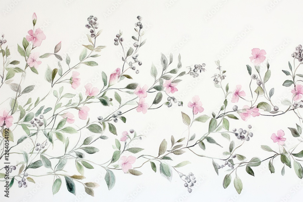 Fototapeta premium Delicate pink flowers watercolor painting, wall art