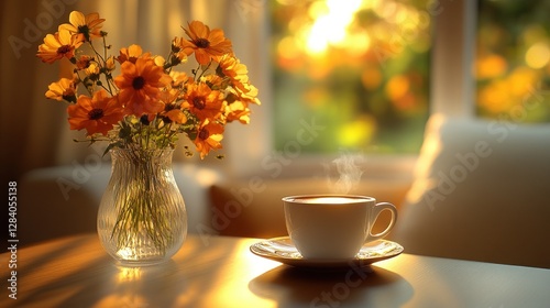 Wallpaper Mural Morning coffee, orange flowers, sunlit living room, warm ambiance Torontodigital.ca