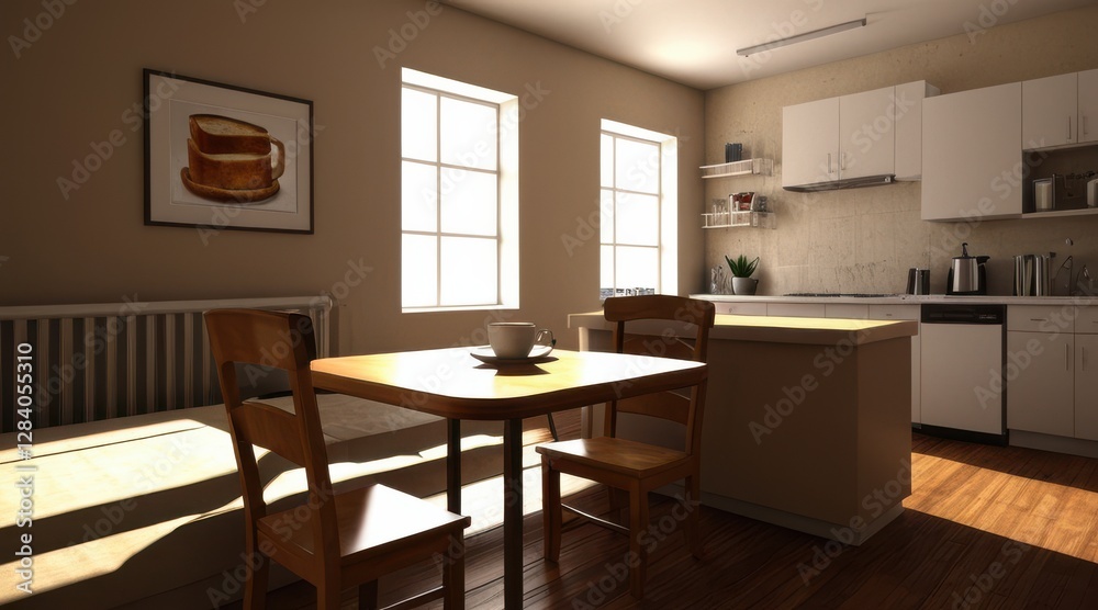 Sunlit Minimalist Kitchen Interior with Wooden Table and White Cabinets Sunlit Minimalist Kitchen Interior with Wooden Table and White Cabinets