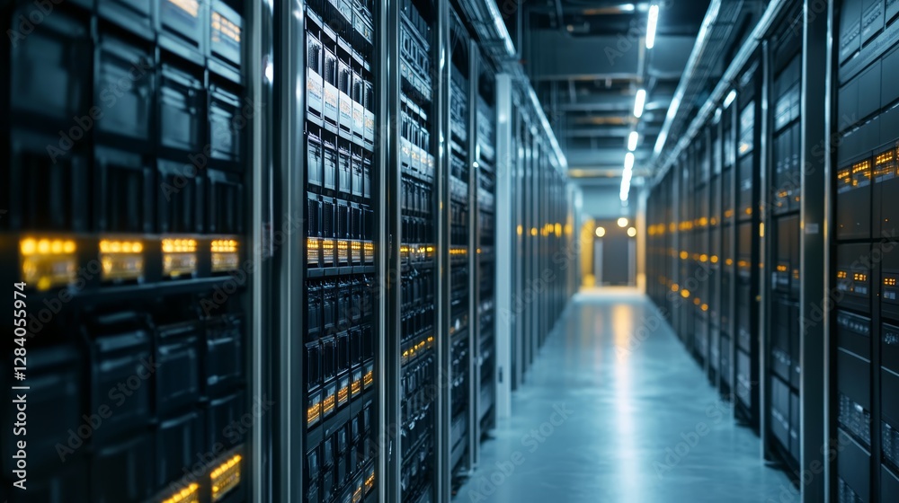 Fototapeta premium A high-tech data center corridor with rows of server racks illuminated by bright lights, showcasing a modern computing environment.