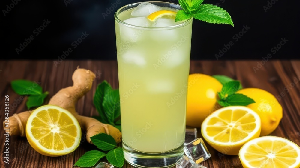 Fototapeta premium a refreshing ginger lemonade with ice cubes in a glass, surrounded by fresh ginger roots, lemon slices, and ice cubes on a wooden table with a dark background.