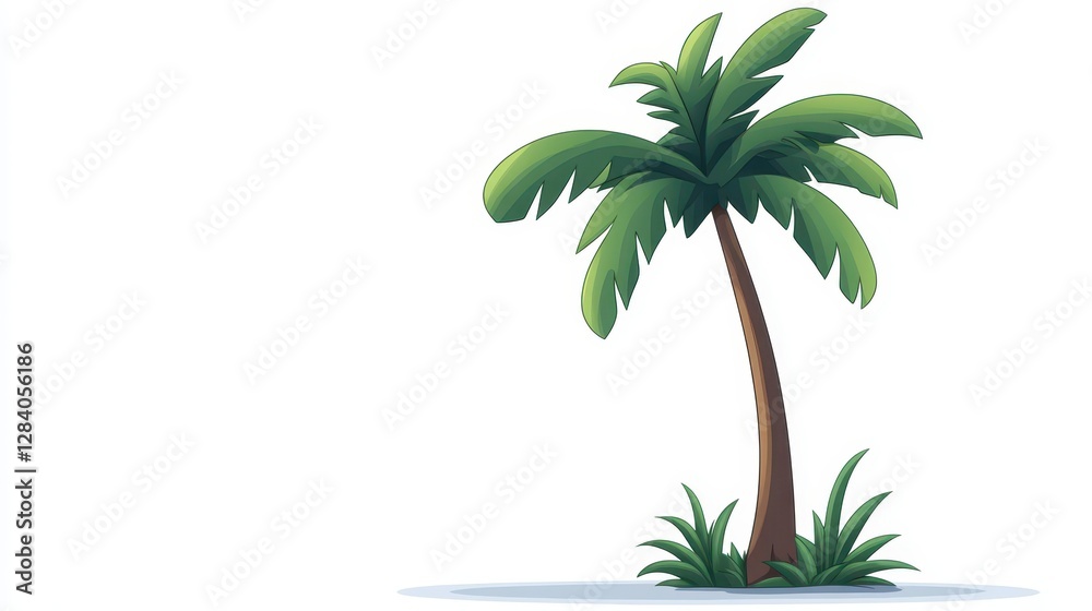 Naklejka premium A vibrant palm tree is depicted with long green fronds, standing prominently next to lush green grass. This tropical scene evokes a sense of serenity and relaxation