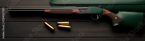 Classic Green Over and Under Shotgun with Ammunition on a Dark Wooden Surface photo