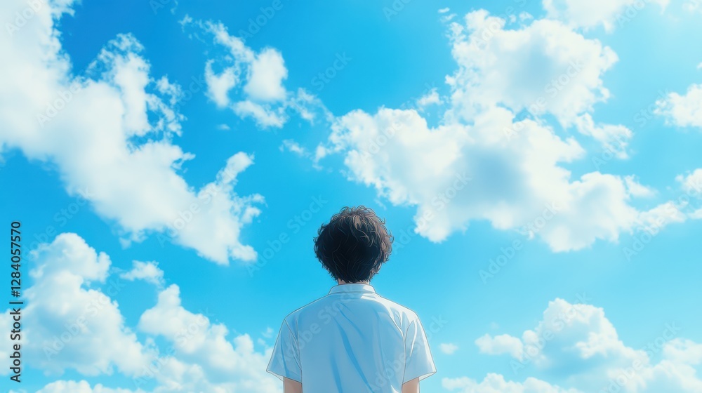 A young individual stands with their back to the viewer, admiring a vibrant blue sky dotted with fluffy white clouds on a sunny day. The atmosphere feels peaceful and reflective A young individual stands with their back to the viewer, admiring a vibrant blue sky dotted with fluffy white clouds on a sunny day. The atmosphere feels peaceful and reflective