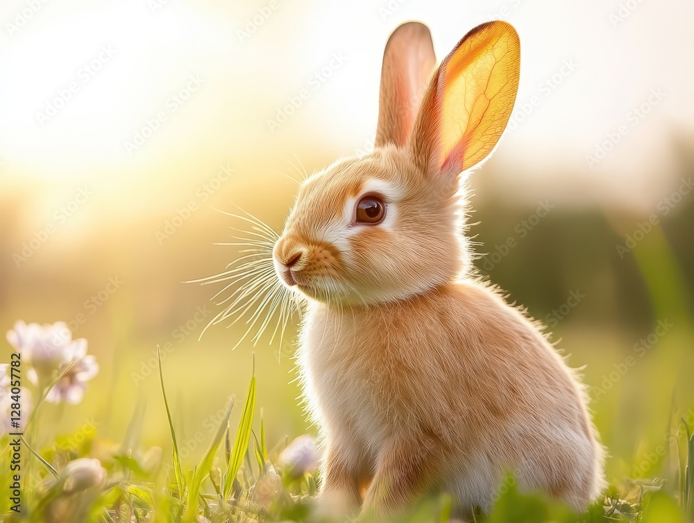A young rabbit sits in a grassy field, bathed in warm sunlight, showcasing its soft fur and notable ears. The background features a serene natural setting, enhancing the peaceful vibe A young rabbit sits in a grassy field, bathed in warm sunlight, showcasing its soft fur and notable ears. The background features a serene natural setting, enhancing the peaceful vibe