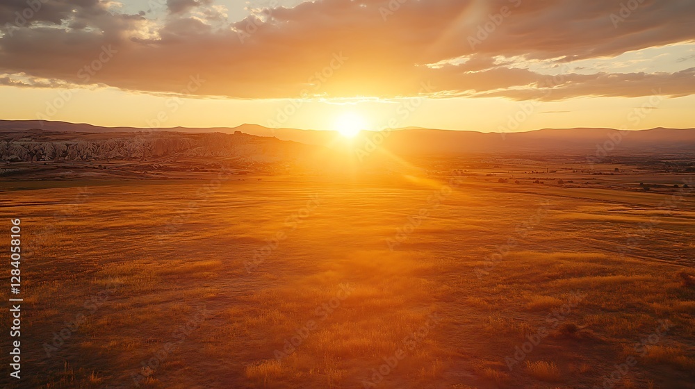 Obraz premium Golden Field Shines Bright Under a Striking Sunset in Rural Landscape