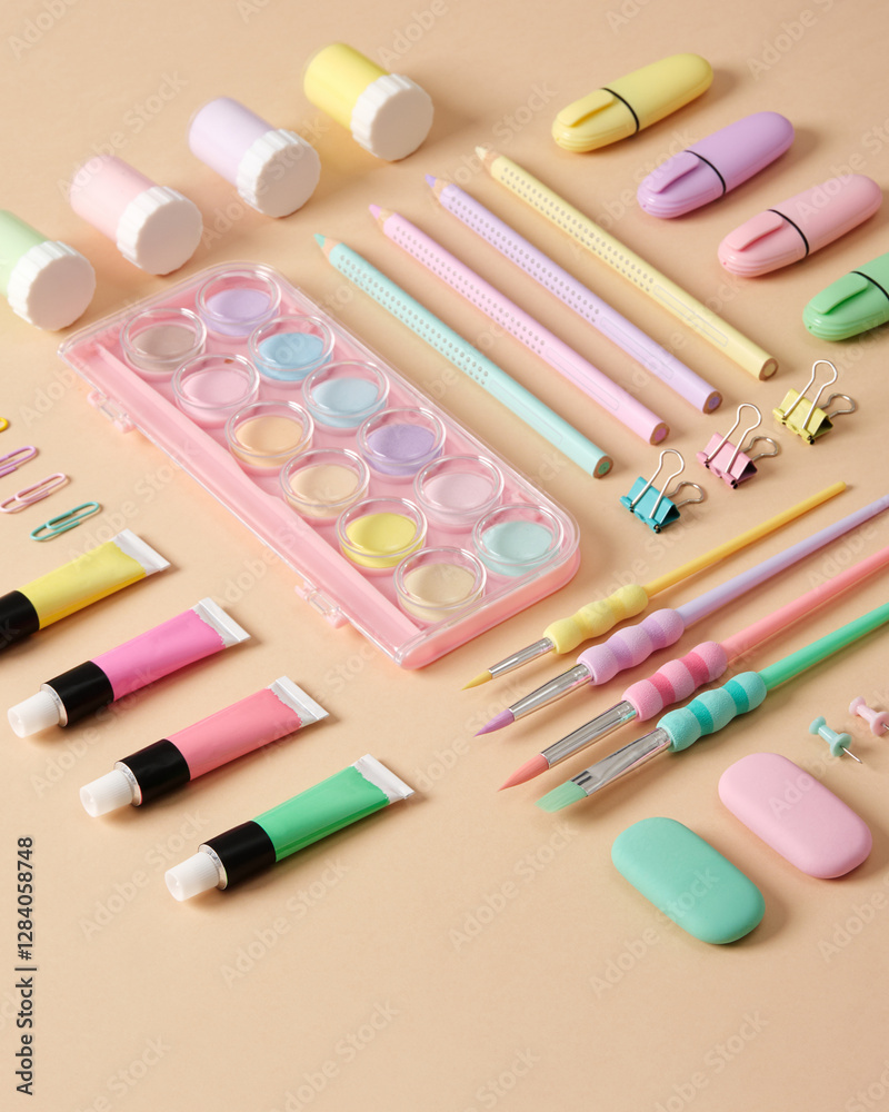 Naklejka premium Stationery and supplies for drawing and crafts. Watercolor, gouache, acrylic paints, brushes, pencils on beige background