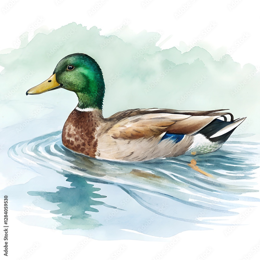 Obraz premium Mallard duck on the water with watercolor isolated on white background