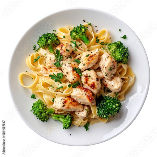 A plate of fettuccine alfredo with chicken and broccoli.