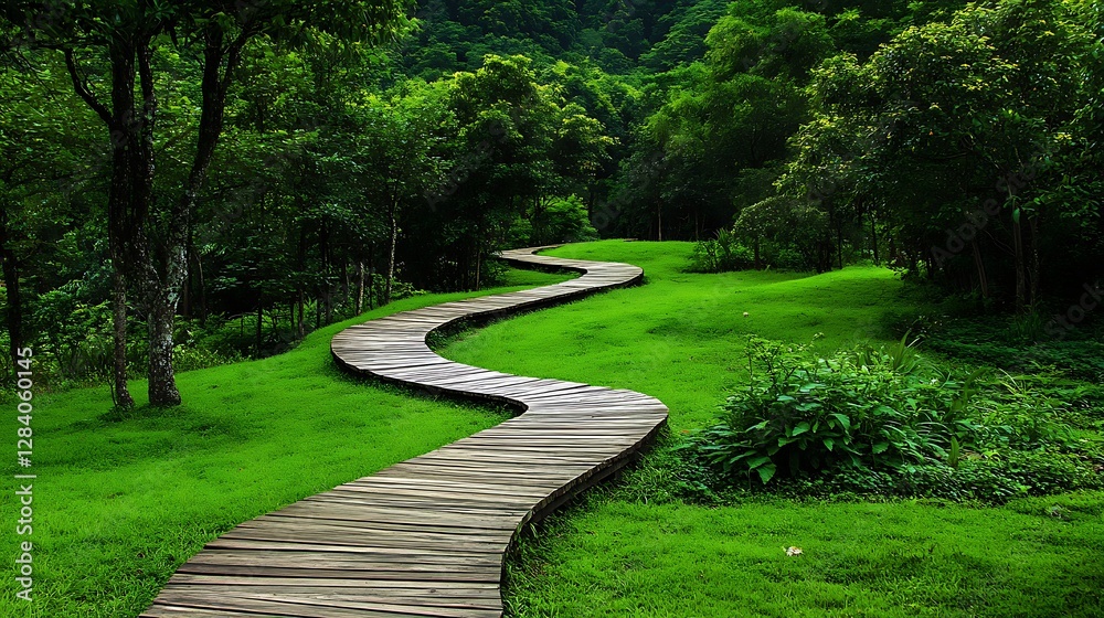 Fototapeta premium Winding Wooden Path Through Lush Green Summer Forest AI Generated