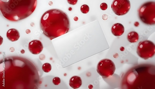 White business card floats among red spheres on a light background, creating a modern, dynamic feel, perfect for creative branding or contact information.