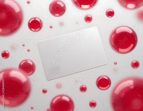 White business card floats among red spheres on a light background, creating a modern, dynamic feel, perfect for creative branding or contact information.