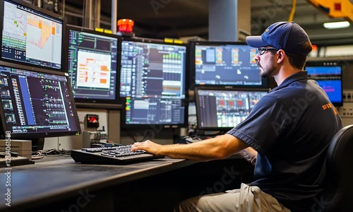 Control room operator monitoring multiple screens, managing operations in a high-tech environment