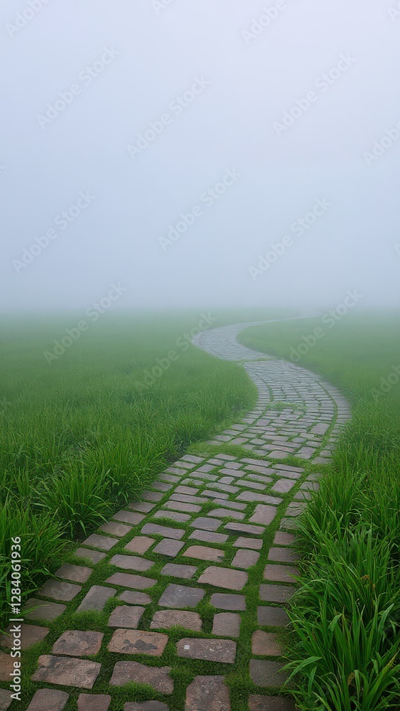 Obraz premium a serene scene featuring a cobblestone walkway curving through vibrant green grass, enveloped in soft, atmospheric fog
