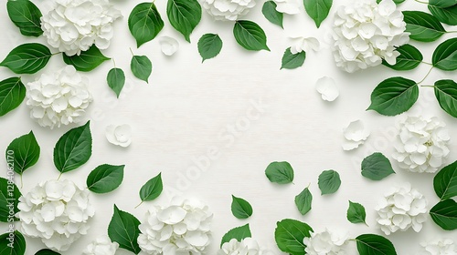 White Hydrangea Blooms and Lush Green Leaves Flatlay AI Generated