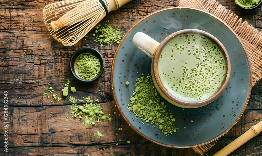 Flat Lay of Matcha Latte in Ceramic Cup with Whisk and Tea Powder