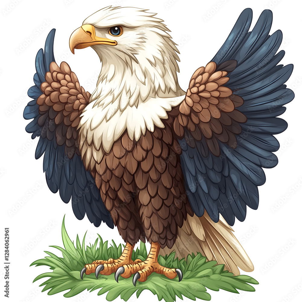 Naklejka premium A cartoon-style illustration of a bald eagle with its wings spread out.