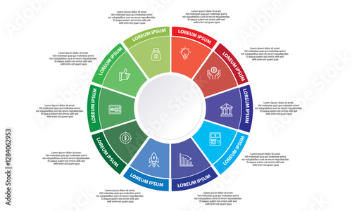Collection of vector circle chart infographic templates for presentations, advertising, layouts, annual reports. 10 options, steps, parts	