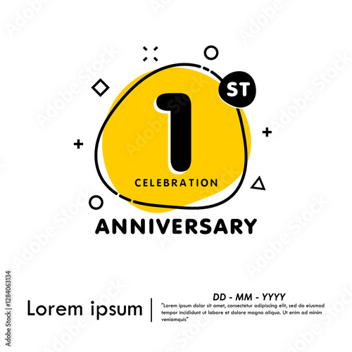 1st year anniversary celebration emblem. anniversary logo badge isolated with liquid organic shapes or irregular round blot form with doodle circle line on white background. vector illustration