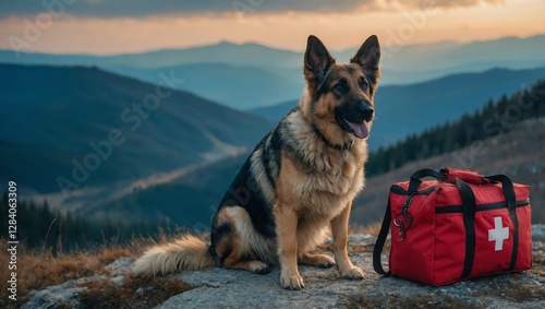 Cute Shepherd dog with first aid kit on blue background