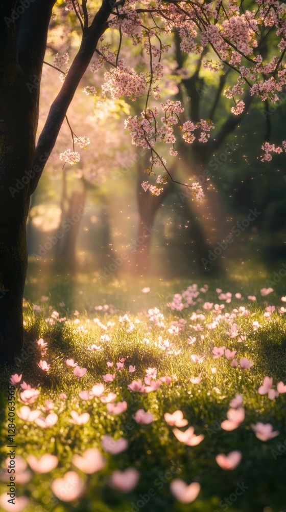Spring forest. Sunlight shines through trees and flowers on the grass in the forest. The scene is filled with tranquility. illustration background Spring forest. Sunlight shines through trees and flowers on the grass in the forest. The scene is filled with tranquility. illustration background