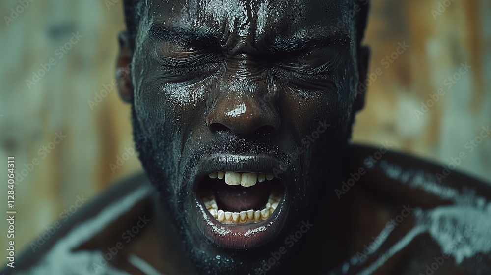 A close-up portrait capturing an intense emotional expression, possibly of anger or exertion, with sweat and tension visible on the face, set against a blurred background A close-up portrait capturing an intense emotional expression, possibly of anger or exertion, with sweat and tension visible on the face, set against a blurred background