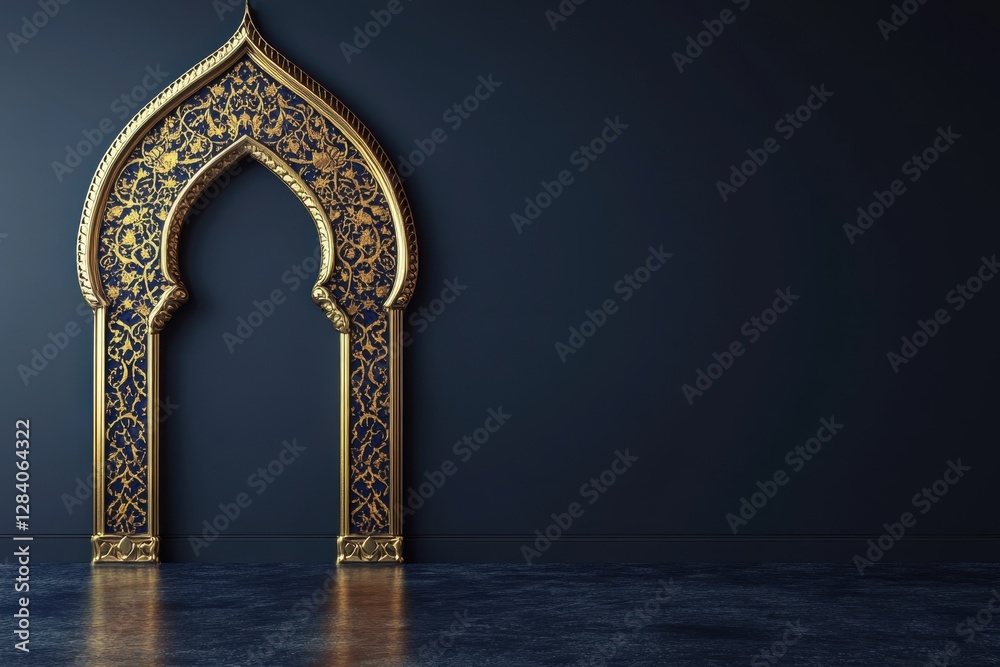 Fototapeta premium An ornate golden arched doorway stands against a dark backdrop
