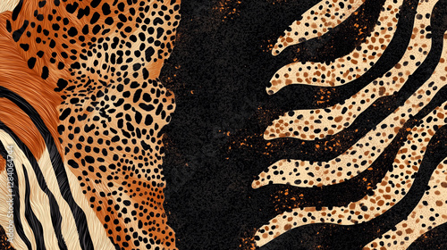 animal print pattern featuring zebra stripes, leopard spots, and snakeskin textures