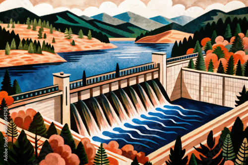 beautiful dam in the forest with mountains and trees abstract cartoon illustration