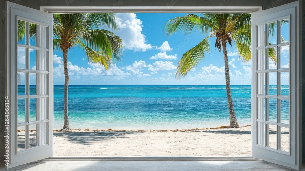 Obraz premium Open white doors to tropical beach view