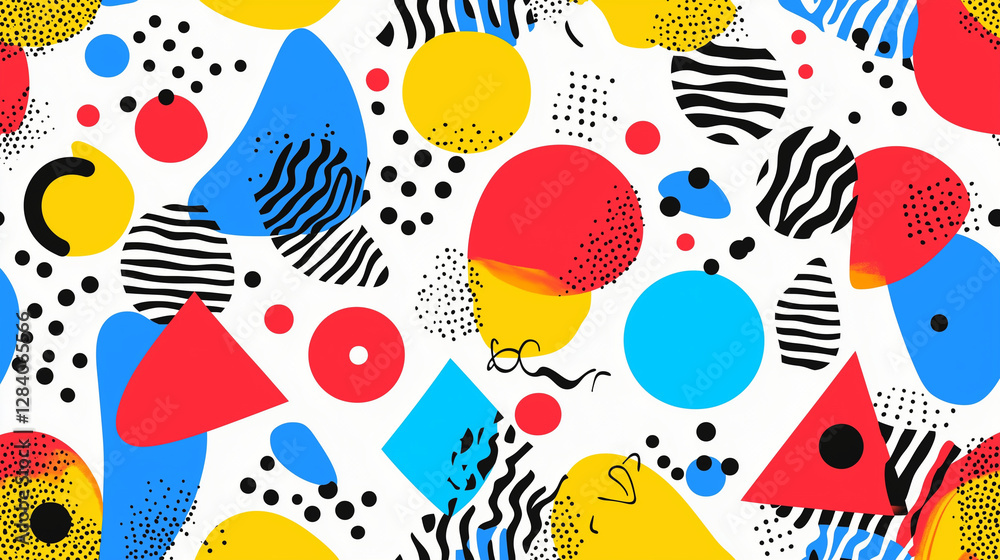 Memphis-style pattern featuring bold geometric shapes, vibrant primary colors, and playful abstract doodles Memphis-style pattern featuring bold geometric shapes, vibrant primary colors, and playful abstract doodles