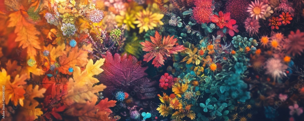 Vibrant autumn foliage with multicolored flowers in a lush garden Vibrant autumn foliage with multicolored flowers in a lush garden