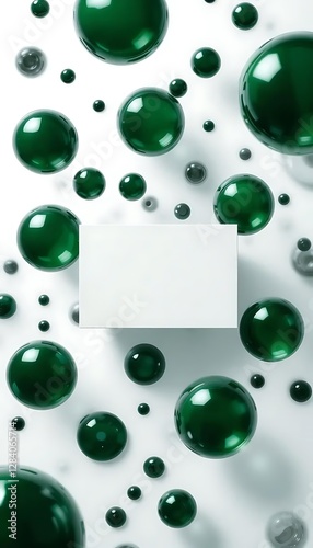 White business card surrounded by green spheres on a white background, creating a modern and clean design, perfect for branding and contact information.