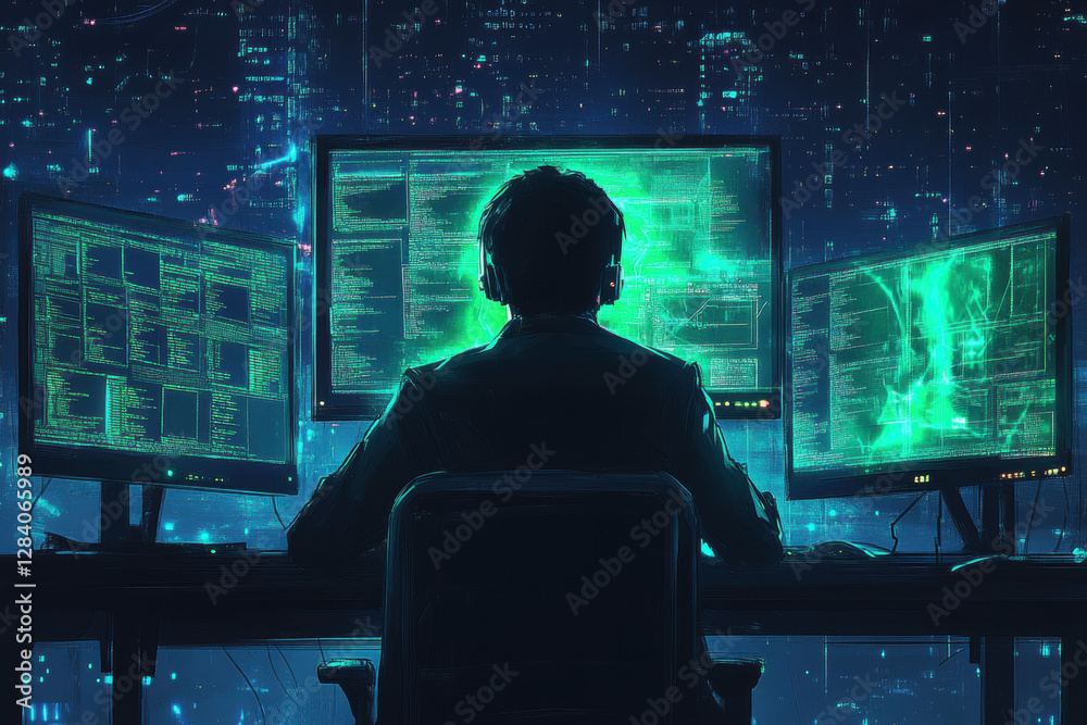 Tech professional working on a futuristic computer setup in a cyber environment Tech professional working on a futuristic computer setup in a cyber environment