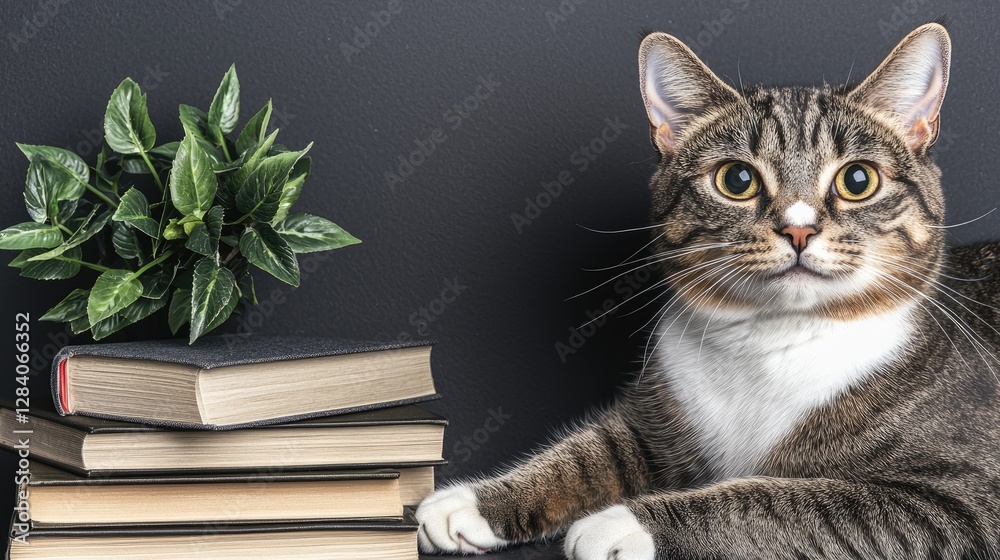 A cozy cat lounging beside a stack of books and a small plant, set against a dark background, creating a warm and inviting atmosphere. A cozy cat lounging beside a stack of books and a small plant, set against a dark background, creating a warm and inviting atmosphere.
