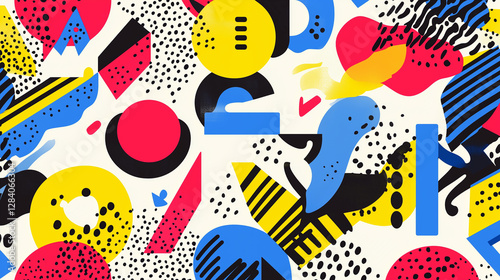 Memphis-style pattern featuring bold geometric shapes, vibrant primary colors, and playful abstract doodles