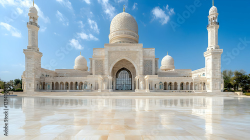 Grand Mosque, sunny day, clear sky, reflective plaza, travel destination photo