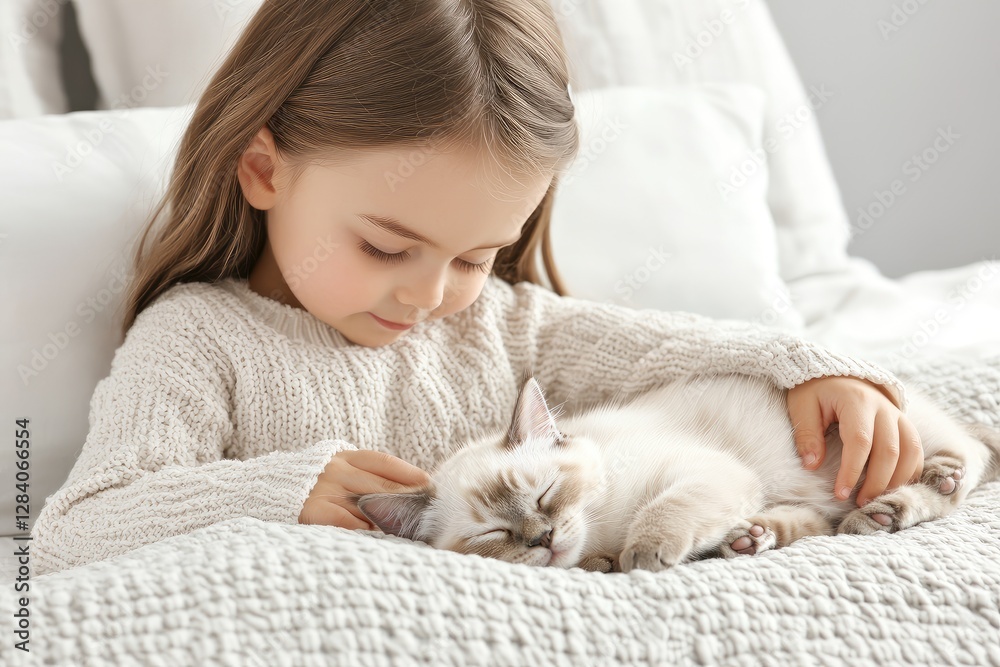 A young girl gently cuddles a sleeping kitten on a cozy blanket, showcasing a moment of warmth and companionship. A young girl gently cuddles a sleeping kitten on a cozy blanket, showcasing a moment of warmth and companionship.