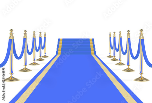 Blue carpet with stairs, podium, ropes and golden stanchions. Vector illustration.